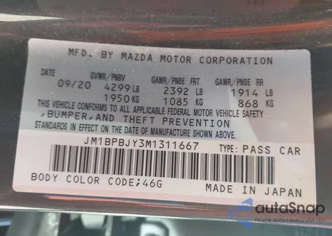 2021 Mazda Mazda3 2.5 Turbo from USA, damaged, VIN JM1BPBJY3M1311667